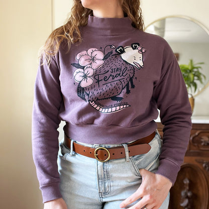Stay Feral | Opossum | Purple High Neck Crop Sweatshirt | Medium