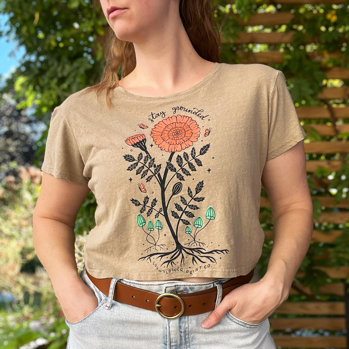 October Birth Flower | Marigold | Muted Tan Crop Top | Medium