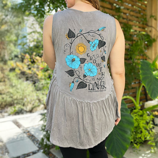 September Birth Flower | Morning Glory | Gray Embroidered Tank Top | Large