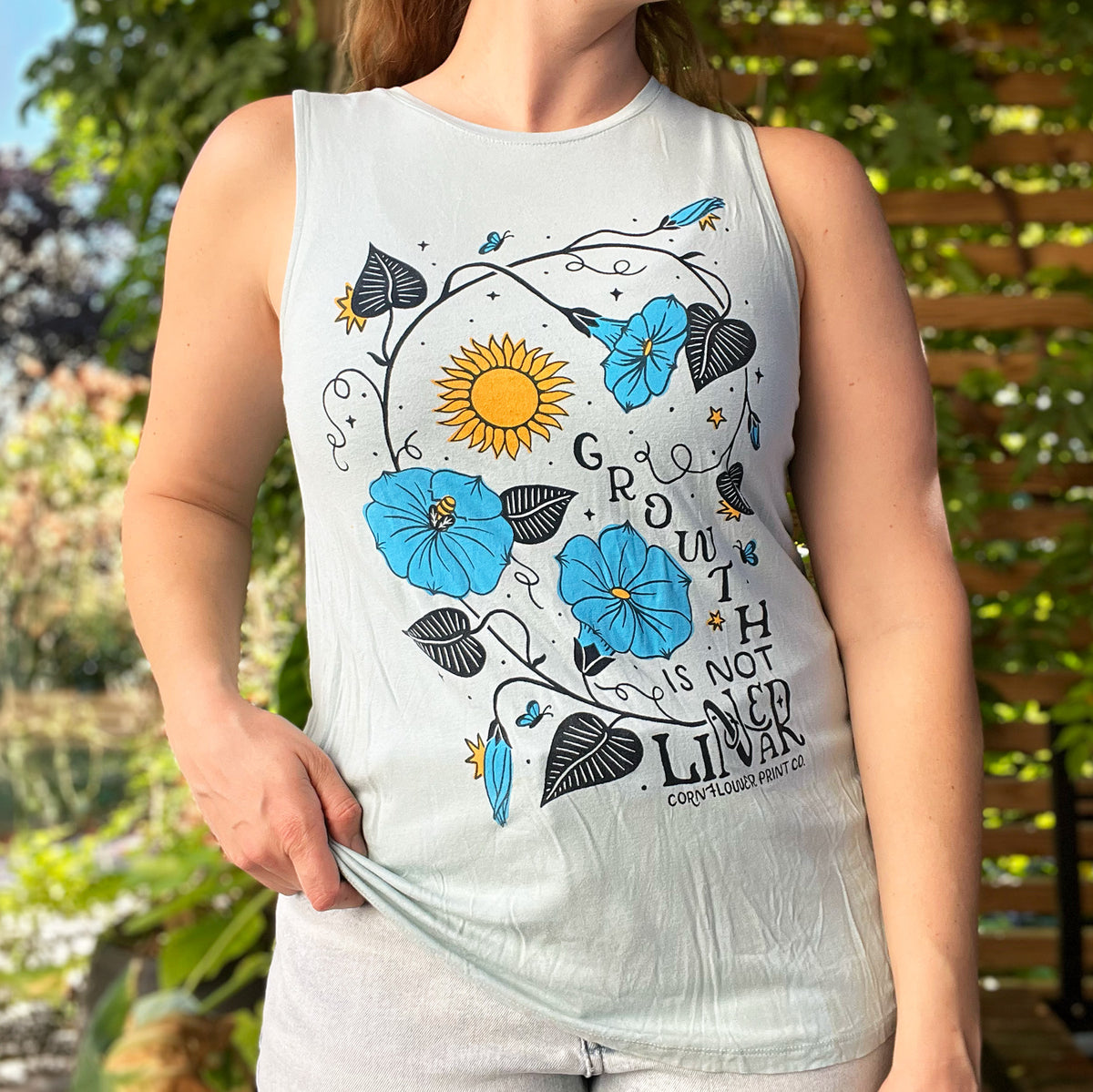 September Birth Flower | Morning Glory | Light Blue Tank Top | Medium