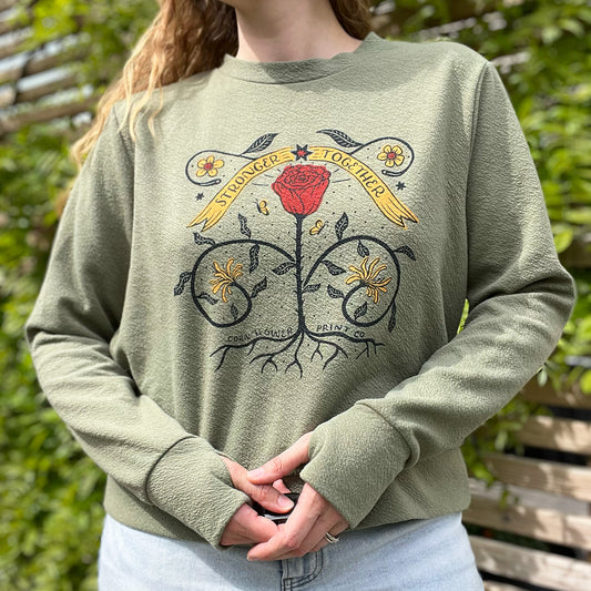 Stronger Together | June Birth Flower | Olive Green Textured Shirt with Thumbholes | XL