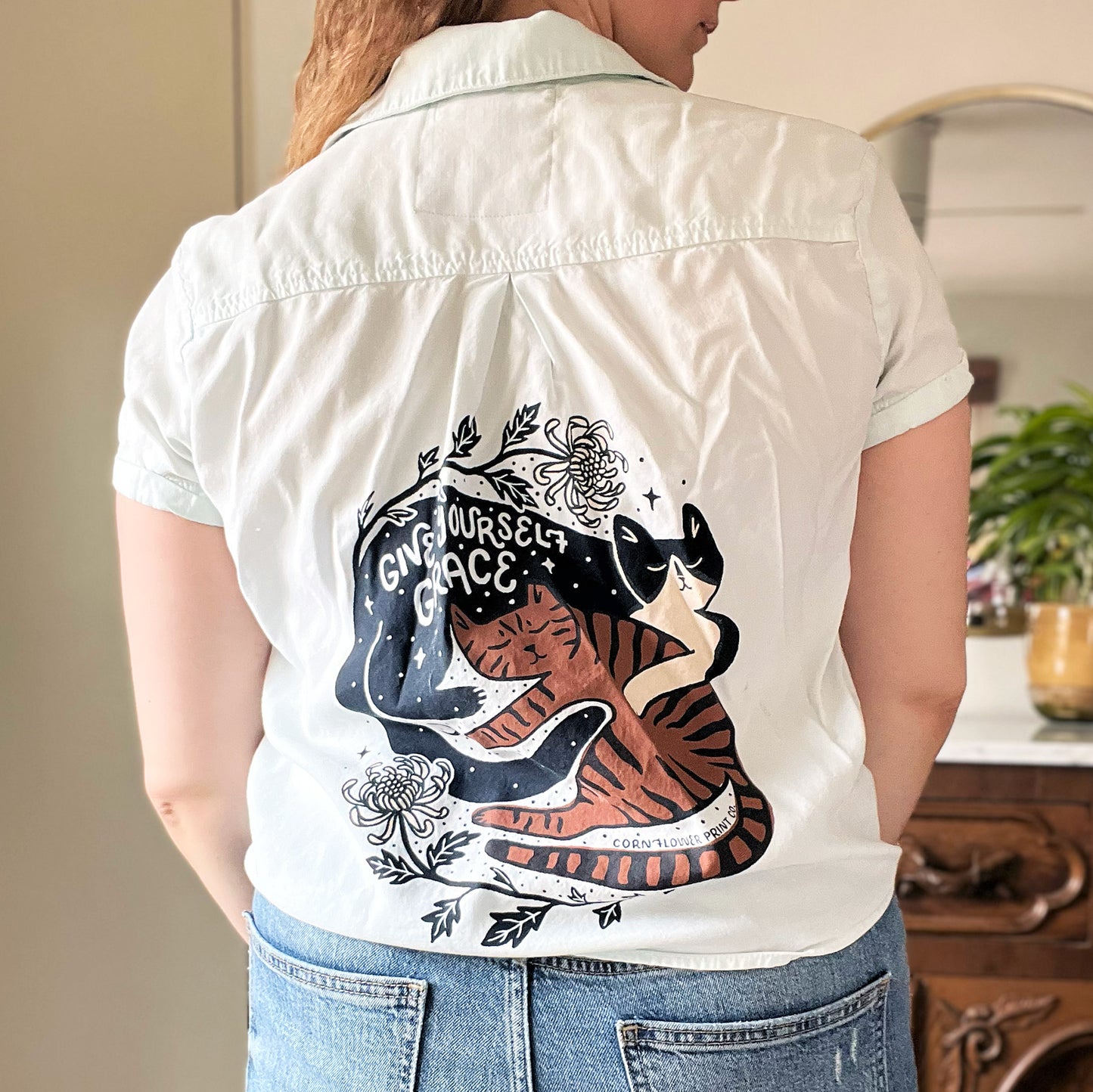 November Birth Flower | Chrysanthemum | Light Blue Button Up w Tie Front | Medium