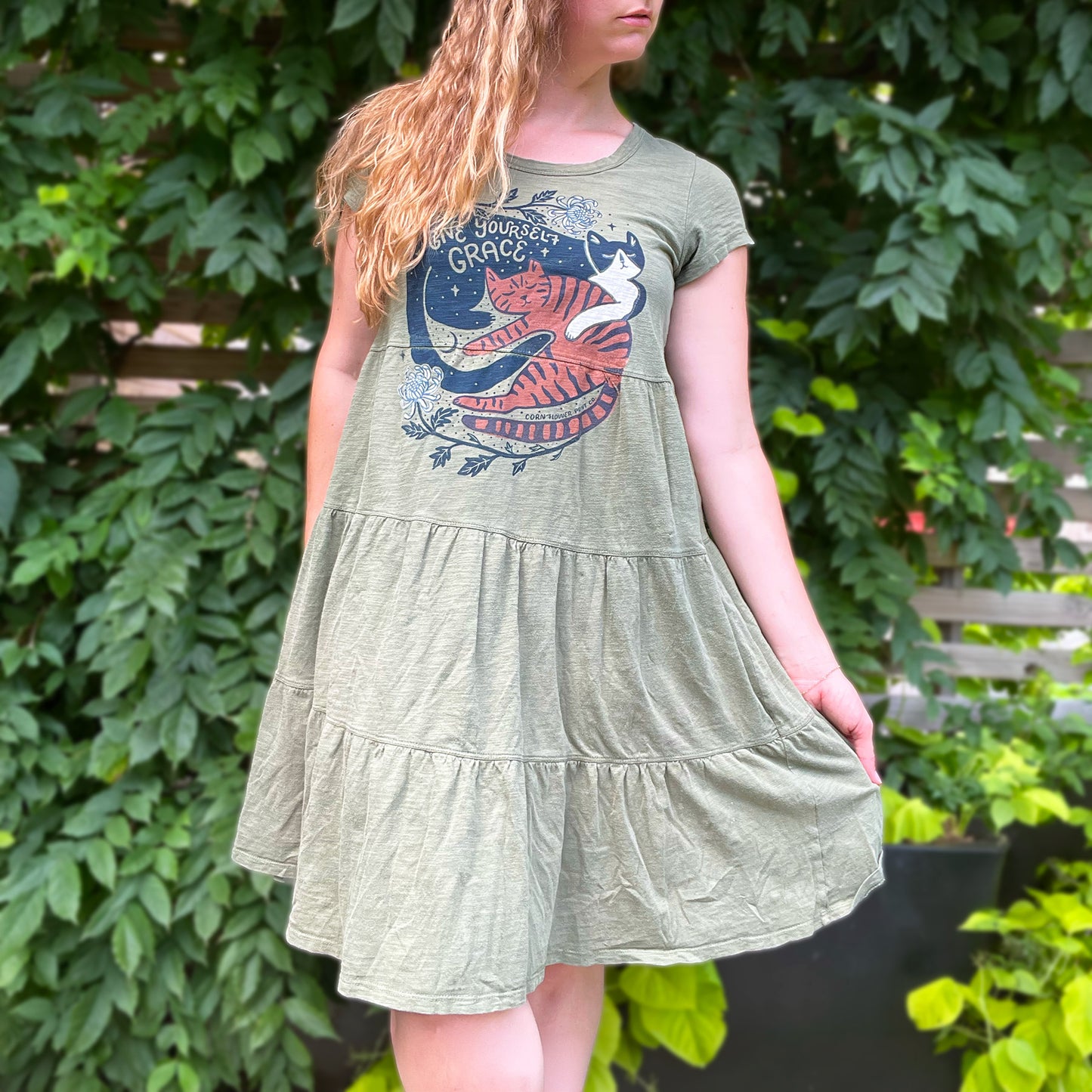 November Birth Flower | Chrysanthemum | Olive Green Tiered Dress | Medium