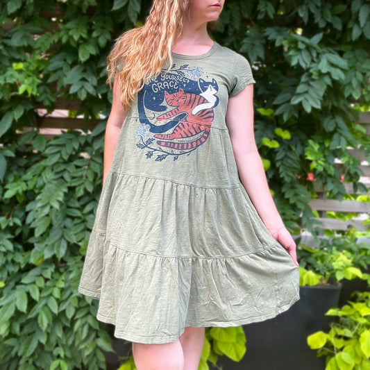November Birth Flower | Chrysanthemum | Olive Green Tiered Dress | Medium