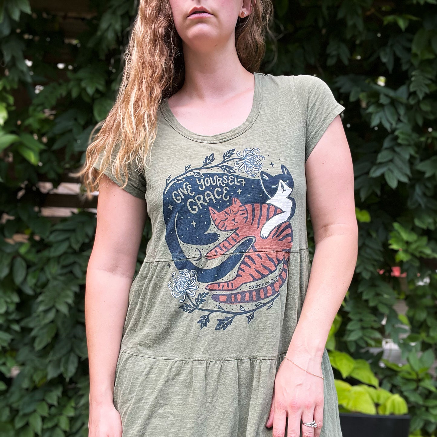 November Birth Flower | Chrysanthemum | Olive Green Tiered Dress | Medium