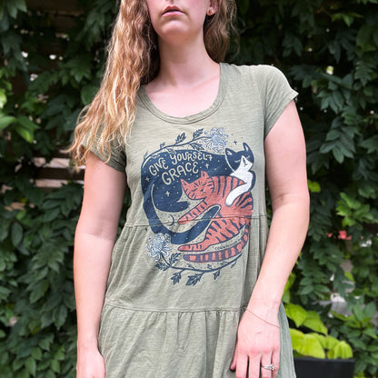 November Birth Flower | Chrysanthemum | Olive Green Tiered Dress | Medium