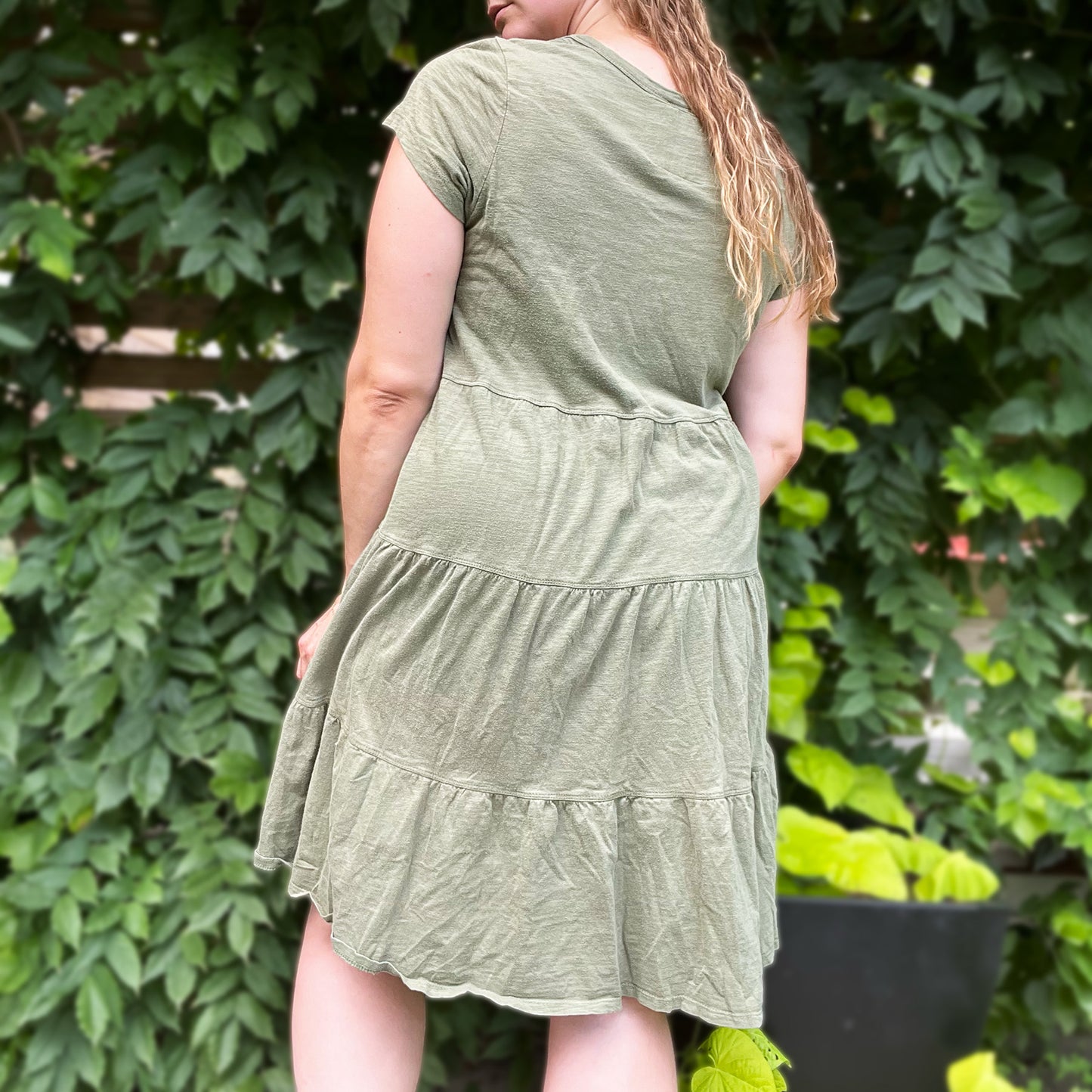 November Birth Flower | Chrysanthemum | Olive Green Tiered Dress | Medium