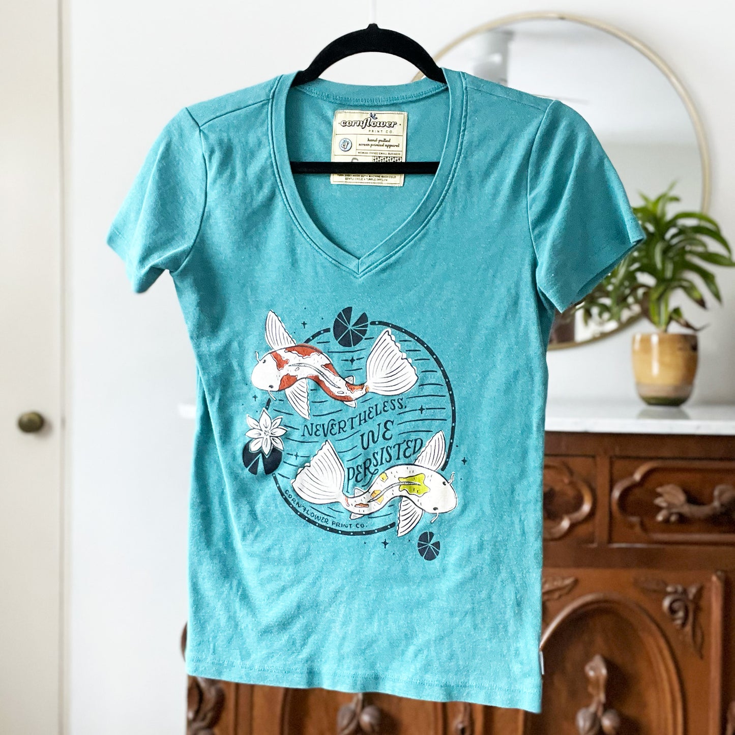 Koi Fish | Nevertheless We Persisted | Teal V-Neck Shirt | Small
