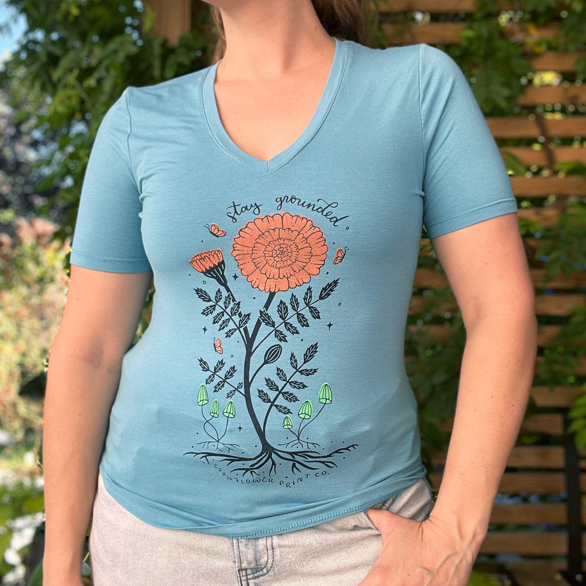 October Birth Flower | Marigold | Blue V-Neck Tee | Small
