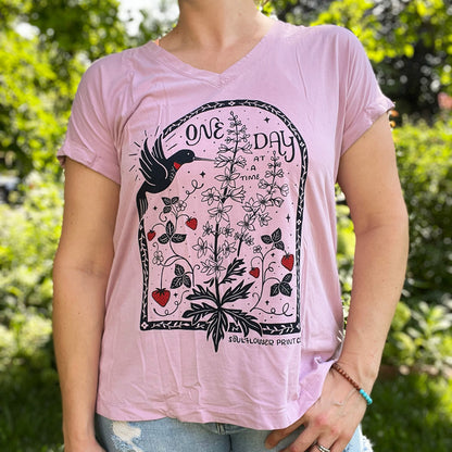 One Day at a Time | July Birth Flower | Purple V-Neck Tee | Large