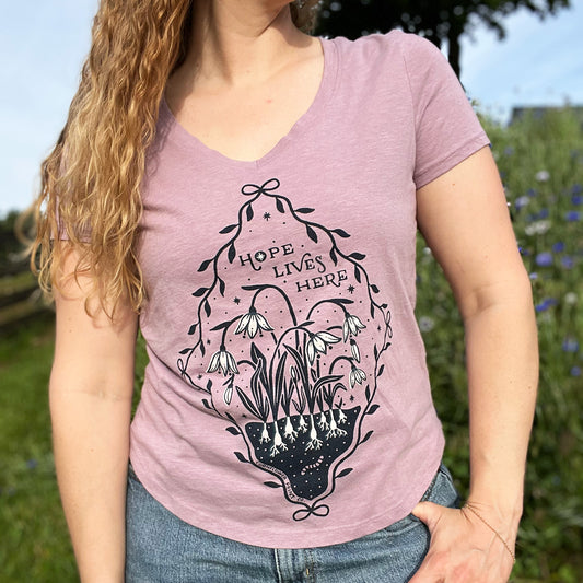 Hope Lives Here | Snow Drops | January Birth Flower | Purple V-Neck Tee | Medium