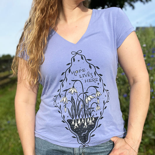 Hope Lives Here | Snow Drops | January Birth Flower | Blue V-Neck Tee | Large