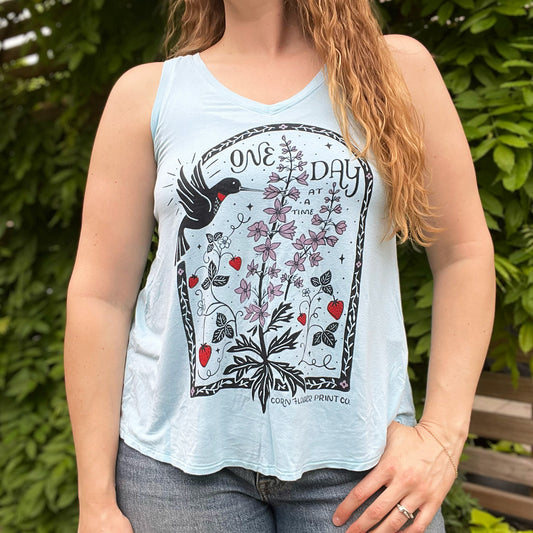 One Day at a Time | July Birth Flower | Light Blue V-Neck Tank Top | Small