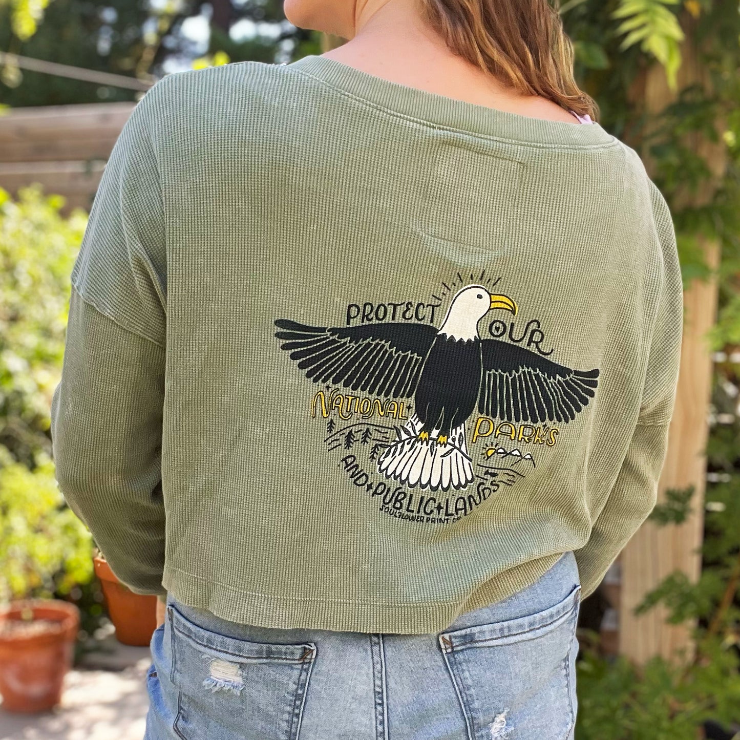 National Parks | Olive Green Waffle Knit Cropped Long Sleeve | Medium