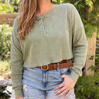 National Parks | Olive Green Waffle Knit Cropped Long Sleeve | Medium
