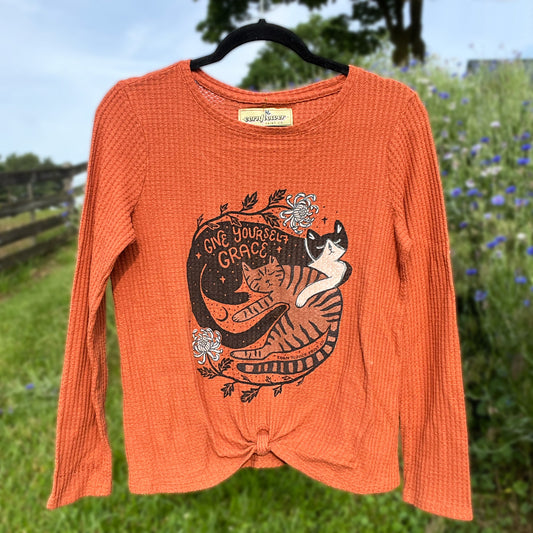 November Birth Flower | Chrysanthemum | Burnt Orange Waffle Knit Long Sleeve | Small