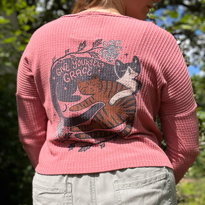 November Birth Flower | Chrysanthemum | Pink Waffle Knit Long Sleeve | Small