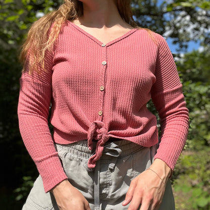 November Birth Flower | Chrysanthemum | Pink Waffle Knit Long Sleeve | Small