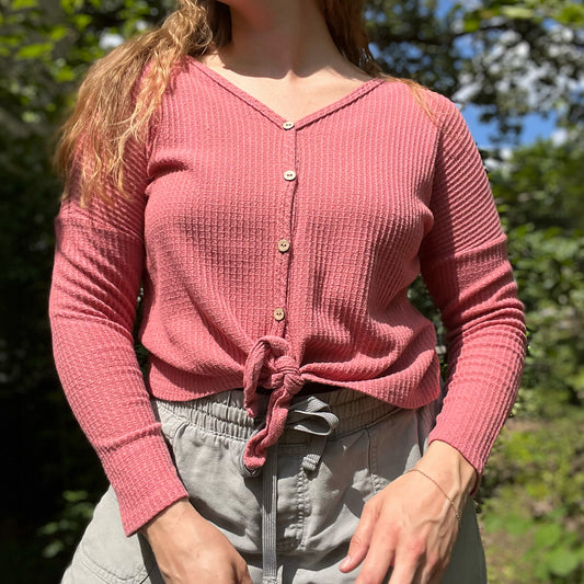November Birth Flower | Chrysanthemum | Pink Waffle Knit Long Sleeve | Small