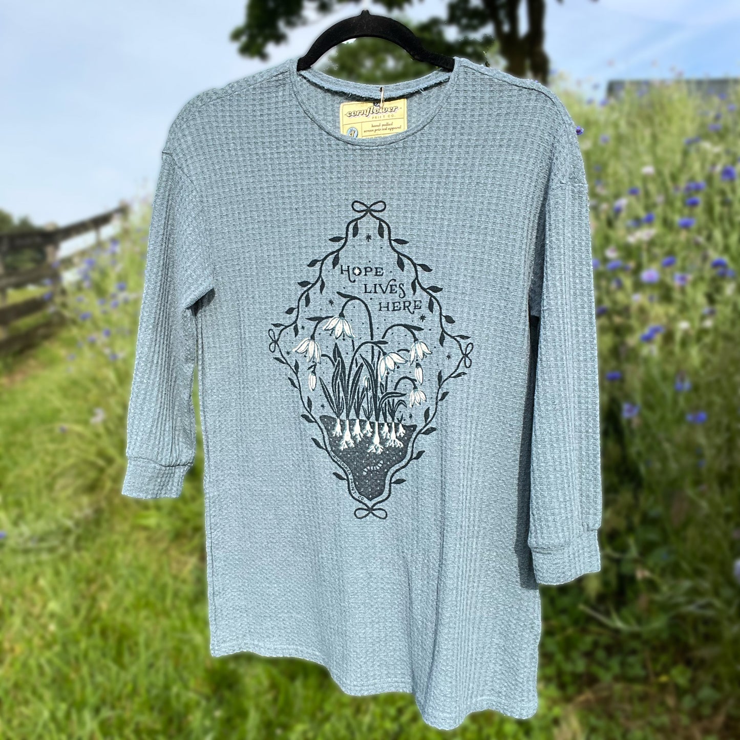 Hope Lives Here | Snow Drops | January Birth Flower | Blue Waffle Knit Long Sleeve | Small
