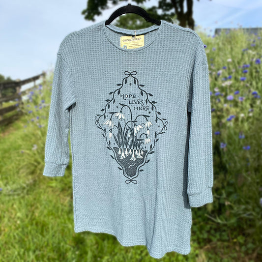 Hope Lives Here | Snow Drops | January Birth Flower | Blue Waffle Knit Long Sleeve | Small