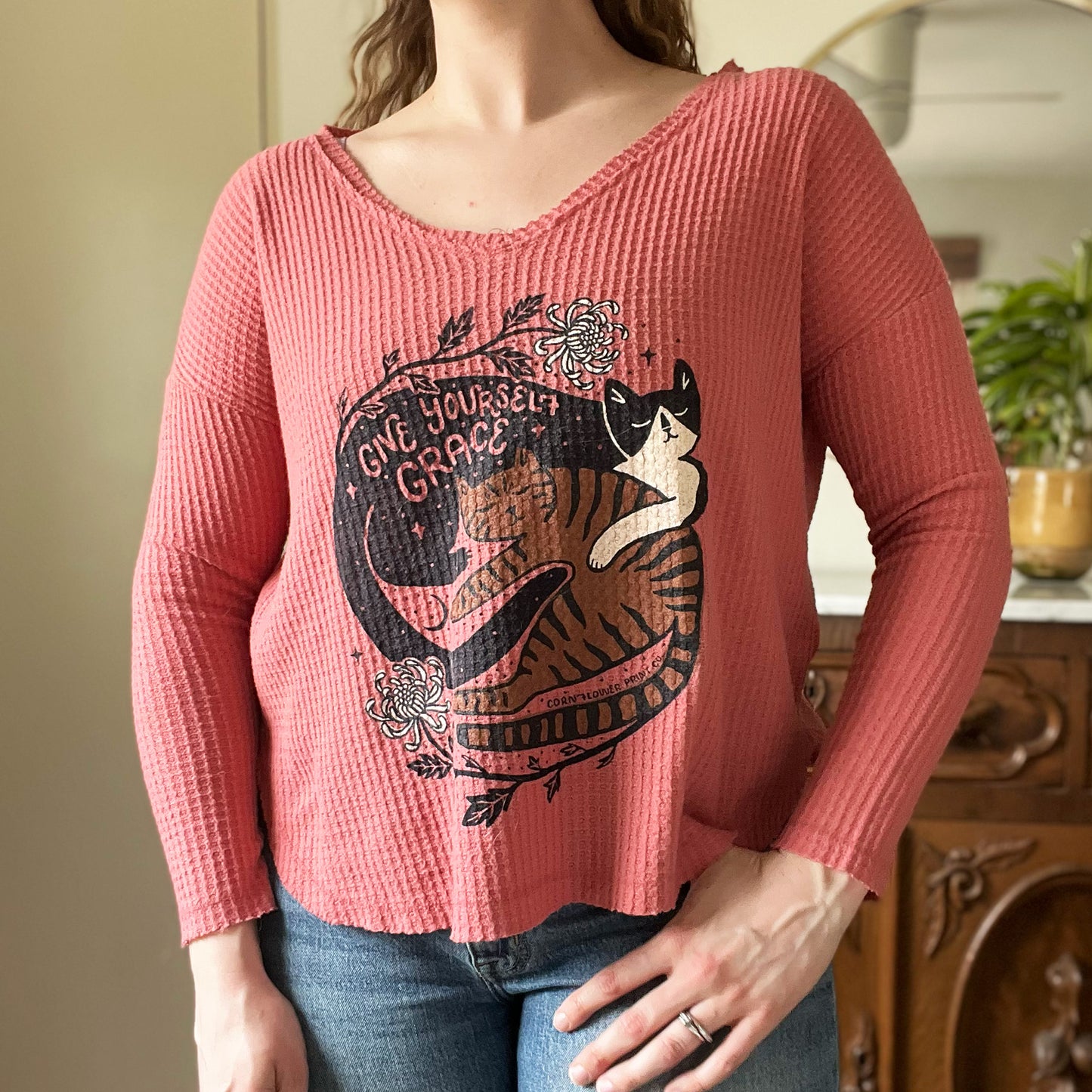 November Birth Flower | Chrysanthemum | Waffle Knit Pink Long Sleeve | Small