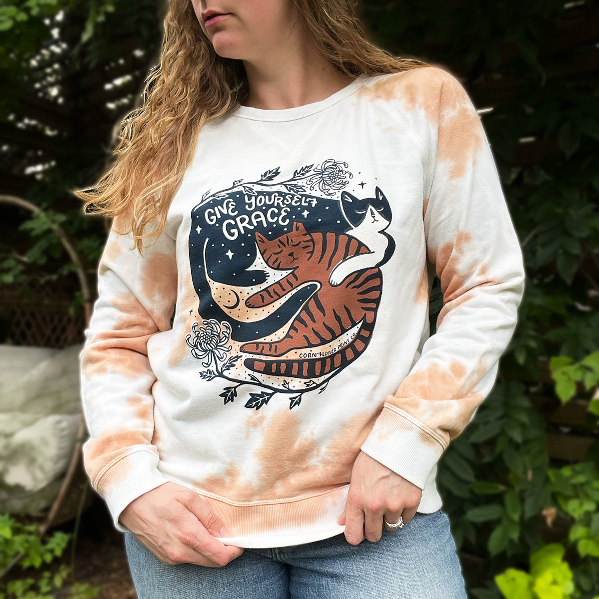 November Birth Flower | Chrysanthemum | Orange / White Tiedye Sweatshirt | Large