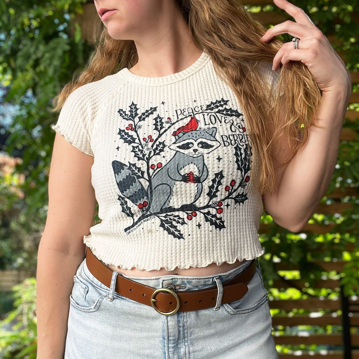 Peace, Love & Berries | Holly | December Birth Flower | Cream Waffle Knit Crop Top | Medium