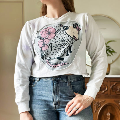 Stay Feral | Opossum | White/Purple Tiedye Pullover Crop Top | Small