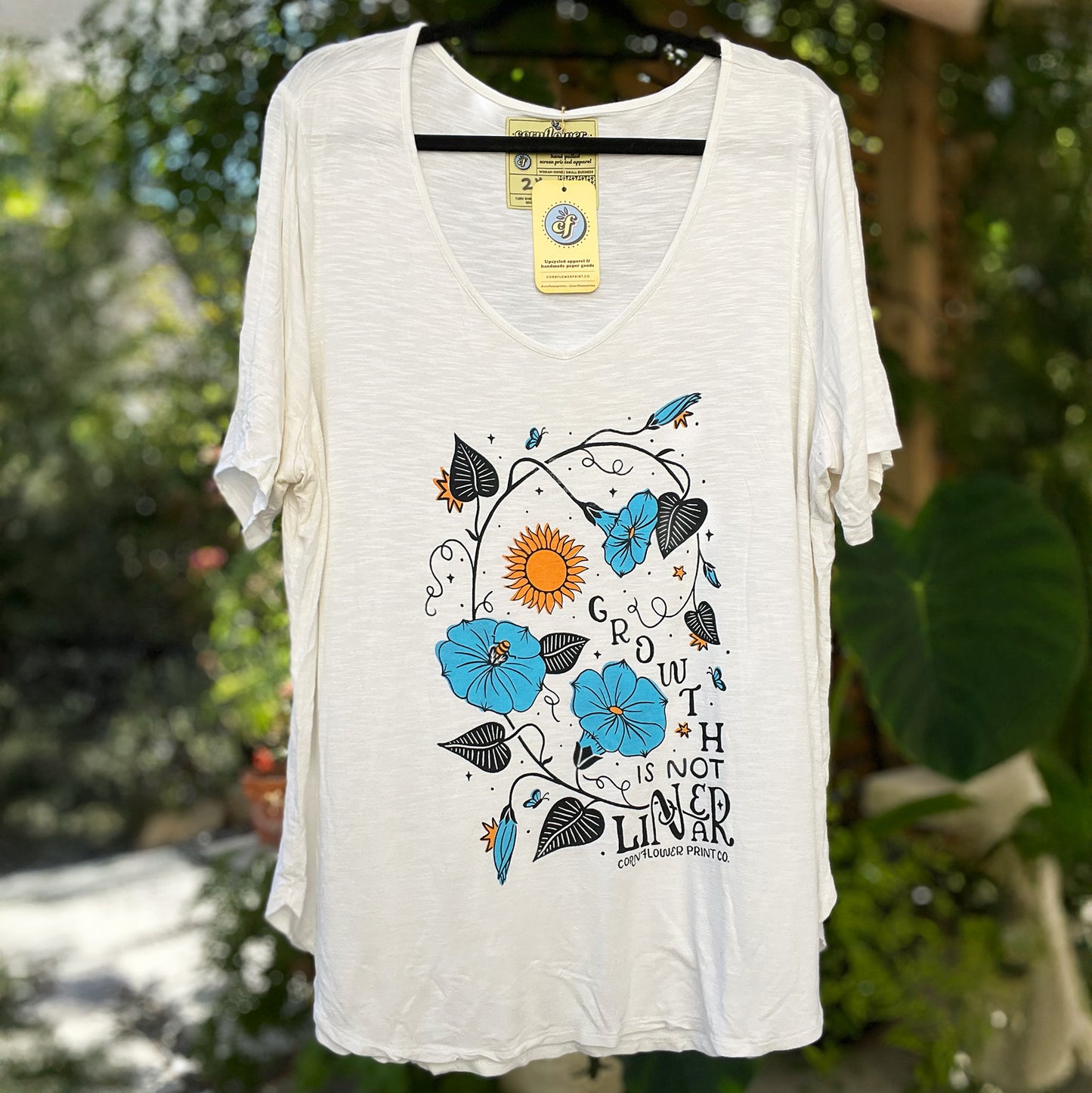 September Birth Flower | Morning Glory | White V-Neck Tee | 2X