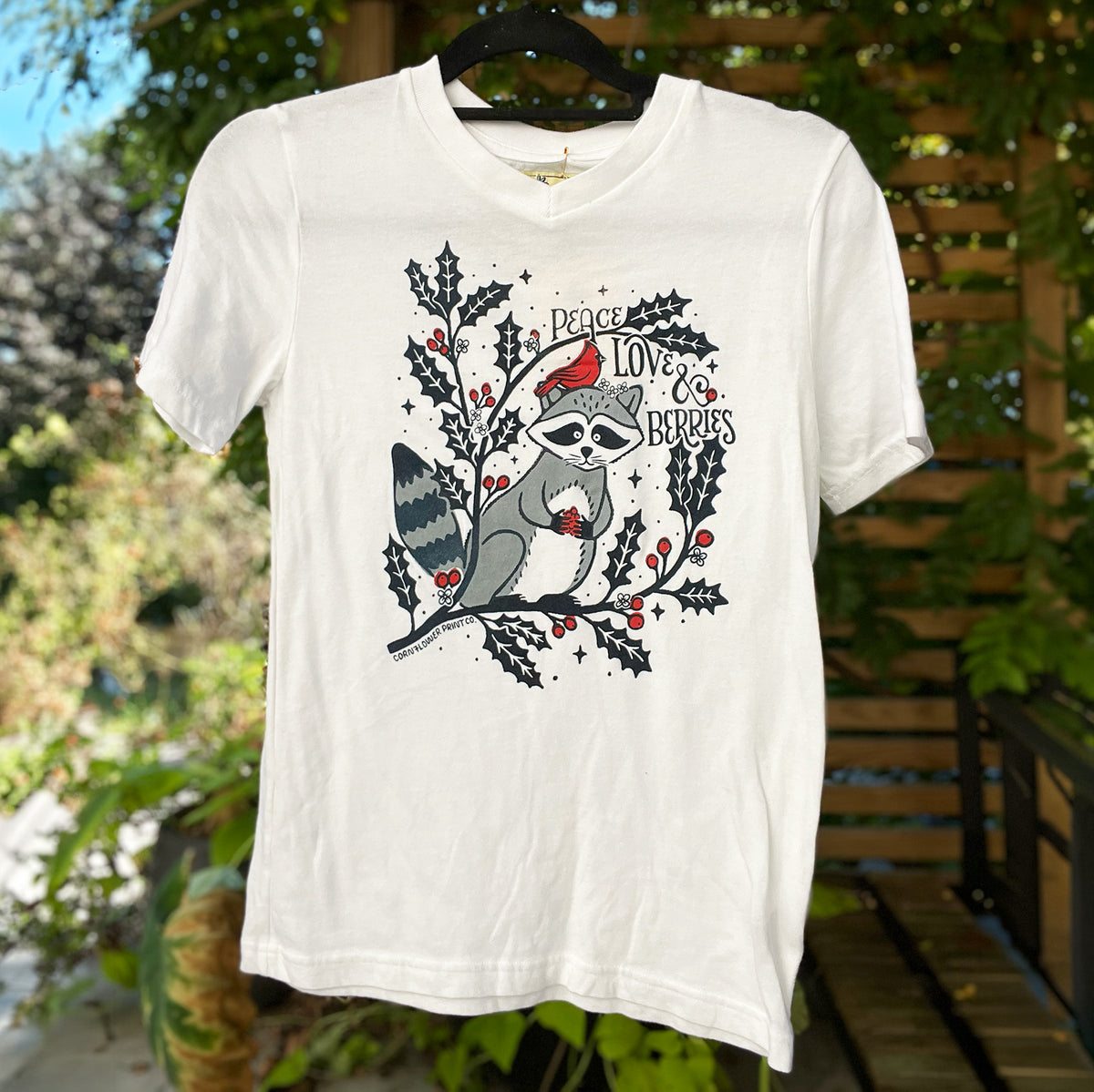 Peace, Love & Berries | Holly | December Birth Flower | White Tee | Small