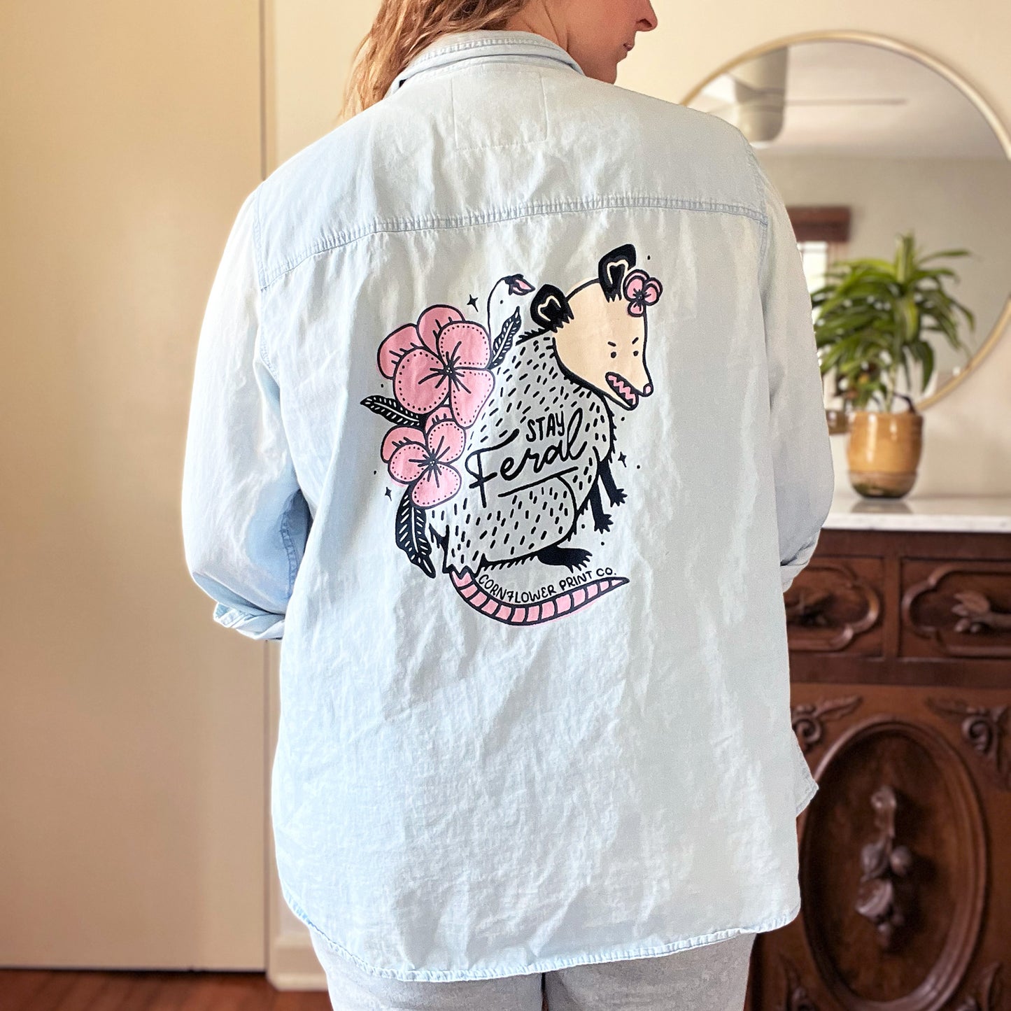 Stay Feral | Opossum | Chambray Button Up Shirt | XL