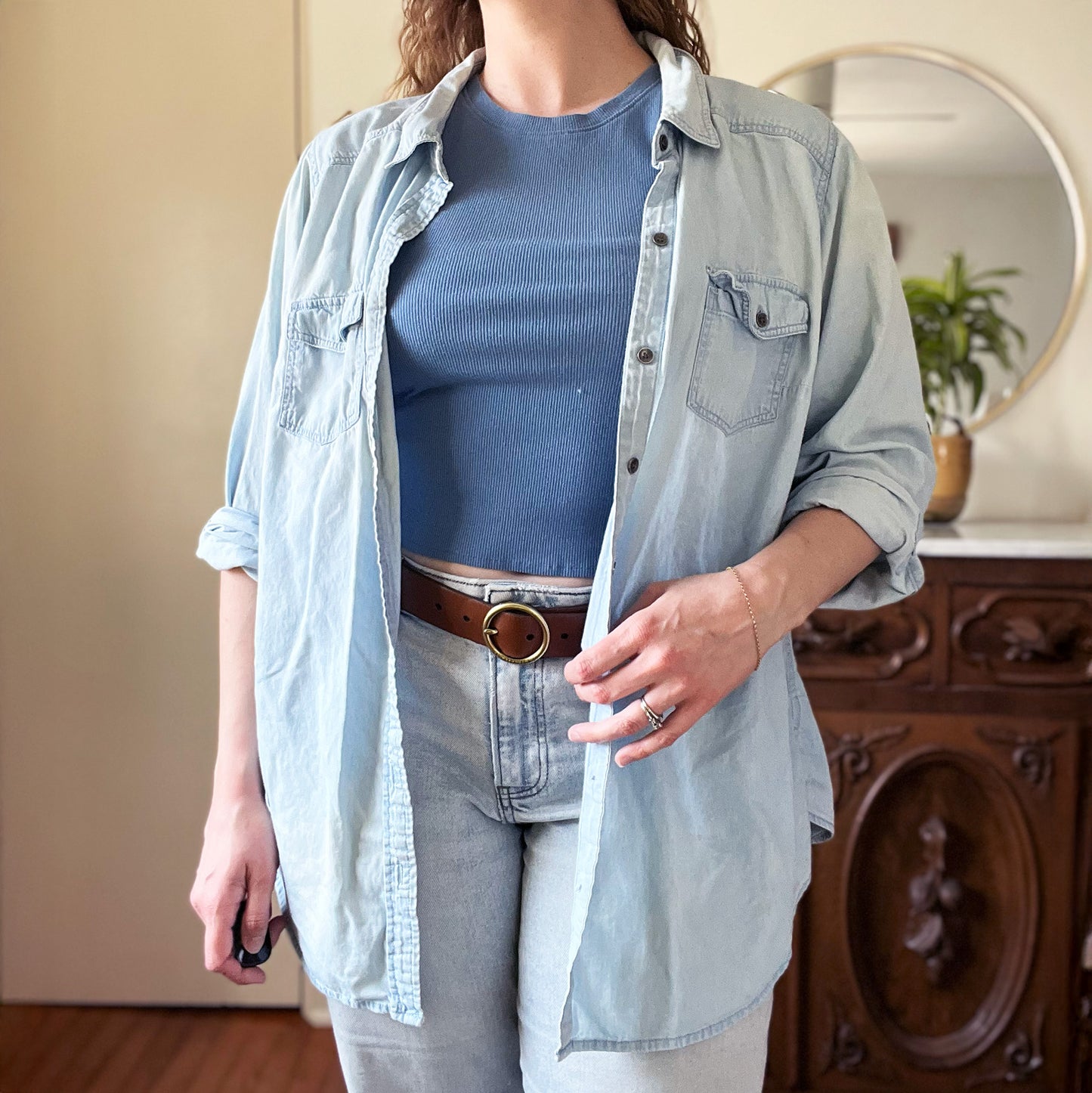 Stay Feral | Opossum | Chambray Button Up Shirt | XL