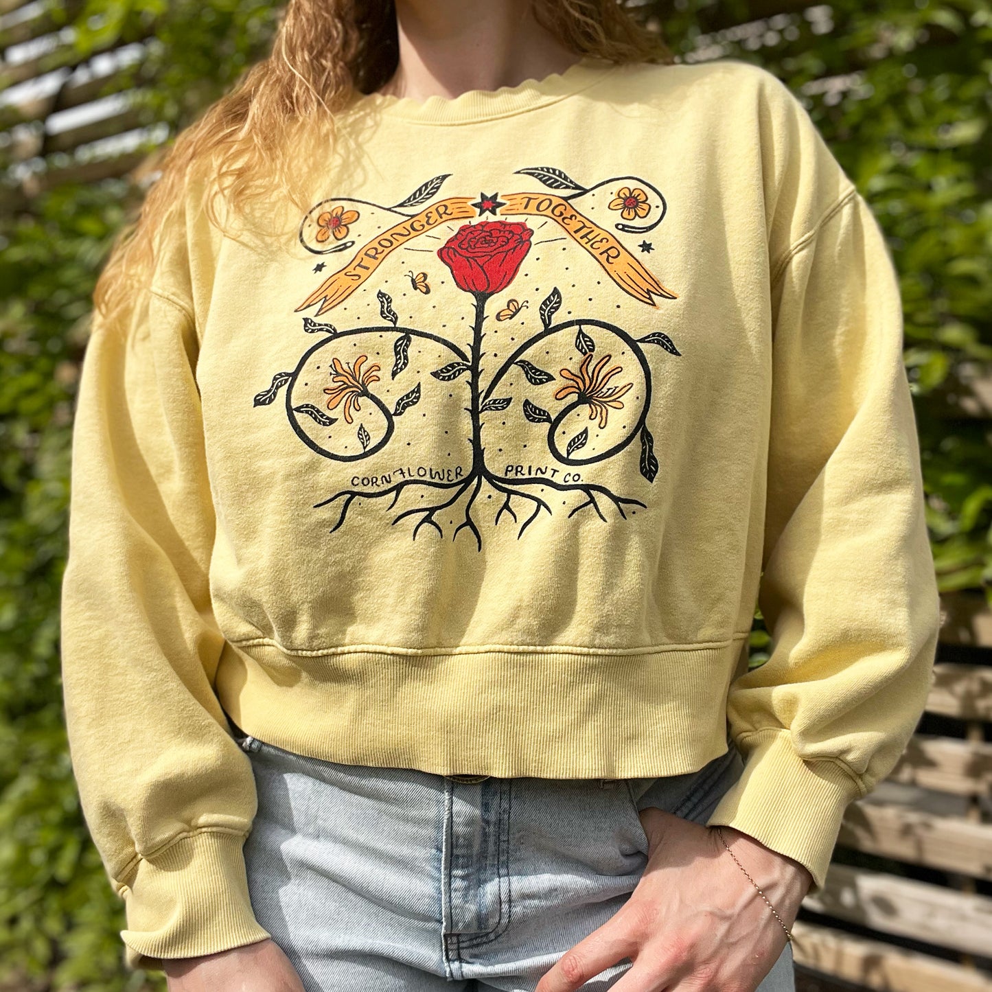 Stronger Together | June Birth Flower | Yellow Crop Sweatshirt | Medium