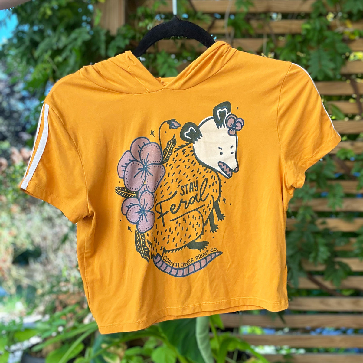 Stay Feral | Opossum | Mustard Yellow Crop Top Hoodie | Small