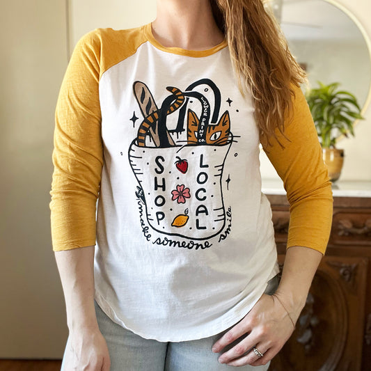 Shop Local | Yellow & White Baseball 3/4 Sleeve Shirt | Large