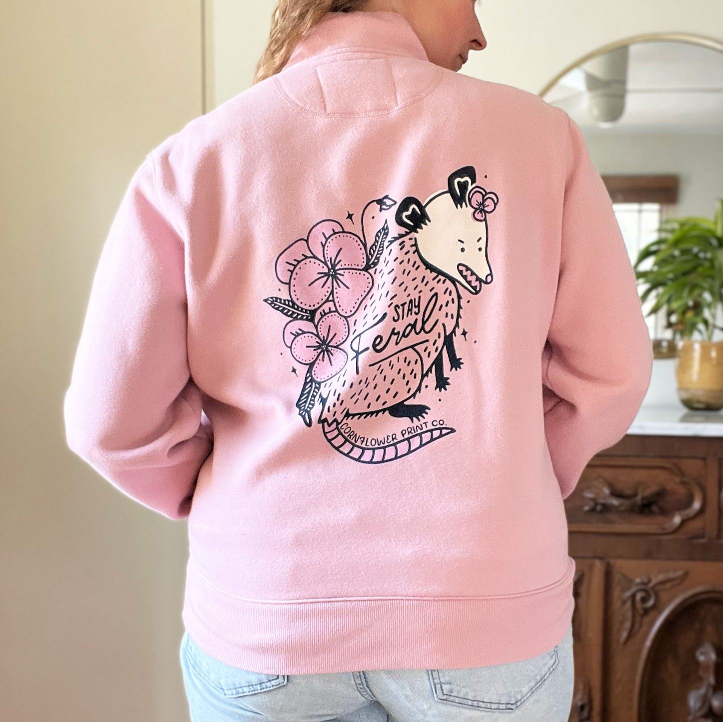 Stay Feral | Opossum | Pink Thick Zip-Up Jacket | Medium