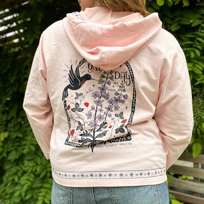 One Day at a Time | July Birth Flower | Pink Zip Up Hoodie Jacket w Embroidery Detail | Large