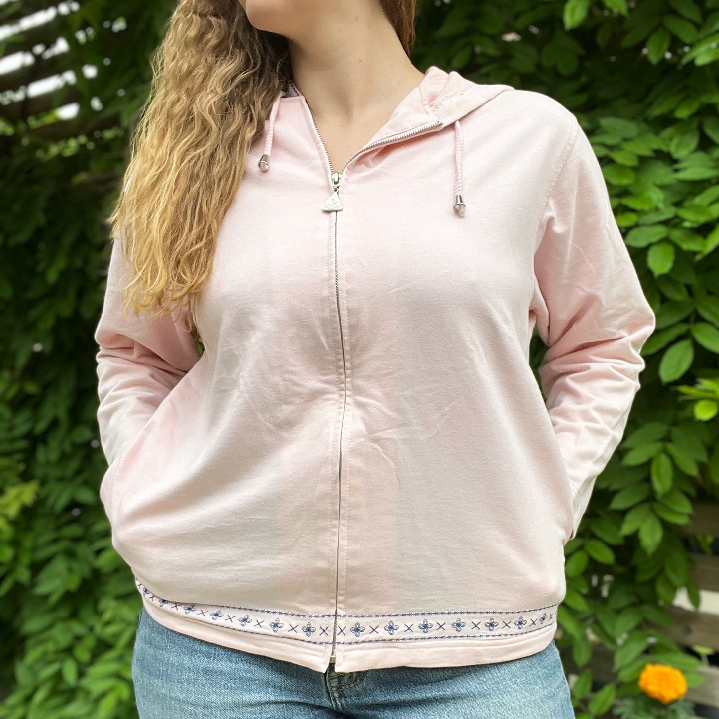 One Day at a Time | July Birth Flower | Pink Zip Up Hoodie Jacket w Embroidery Detail | Large