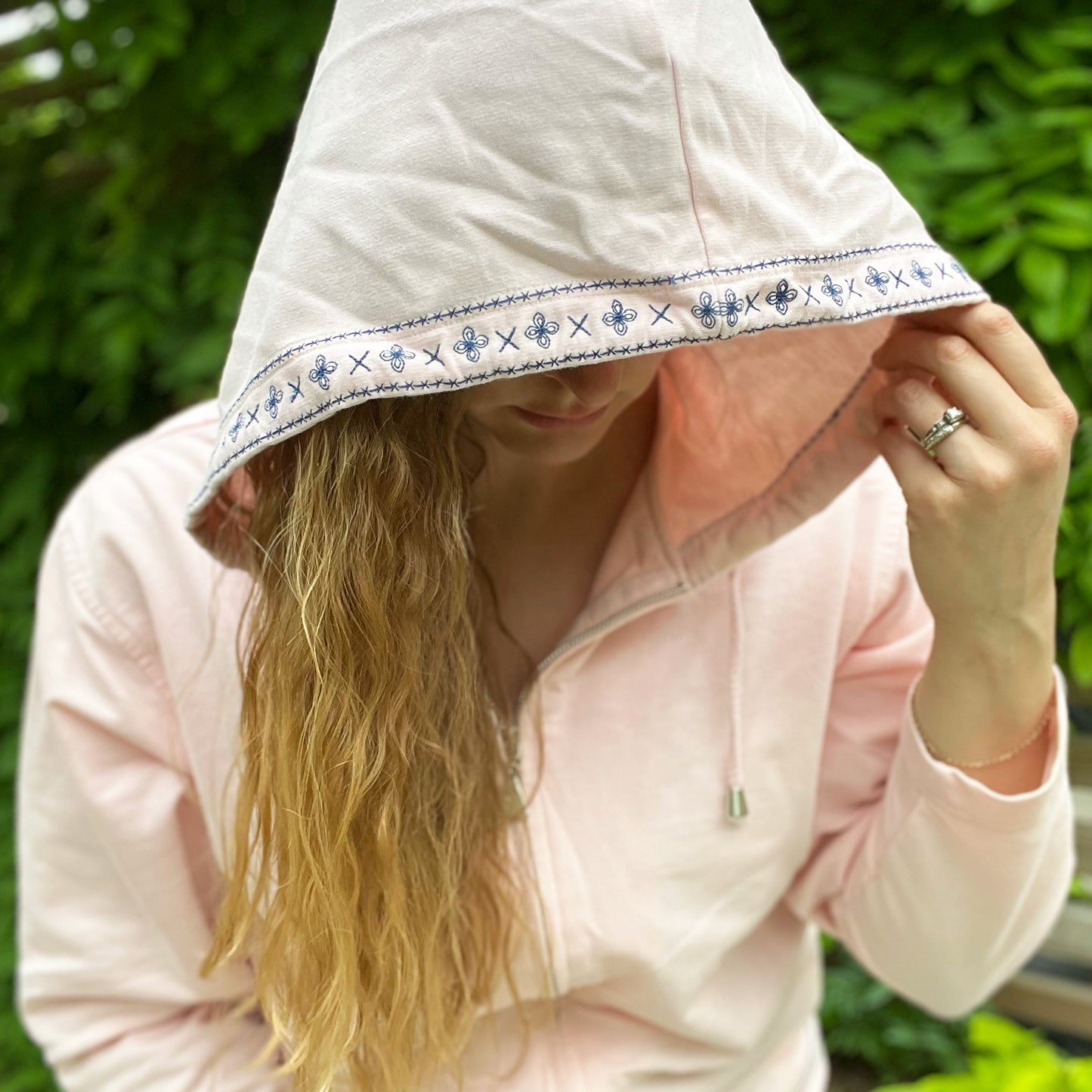 One Day at a Time | July Birth Flower | Pink Zip Up Hoodie Jacket w Embroidery Detail | Large